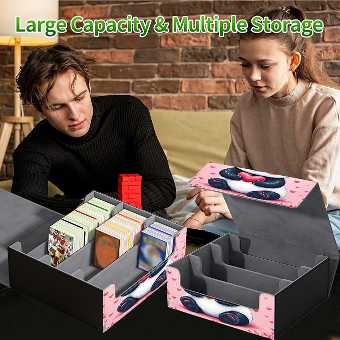 Large Card Deck Box for MTG, Fits 1200+ Sleeved Cards, PU Leather Storage Case with Strong Magnetic Closure, Multiple Colors Available for TCG CCG Baseball Card Collections, Pink Panda