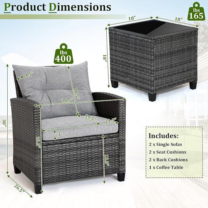 RELAX4LIFE Wicker Patio Furniture Sets - 3 Pieces Rattan Sofa Set, Outdoor Conversation Set with Tempered Glass Tabletop, Heavy-Duty Steel Frame, Wicker Chair Set for Poolside, Backyard, Grey