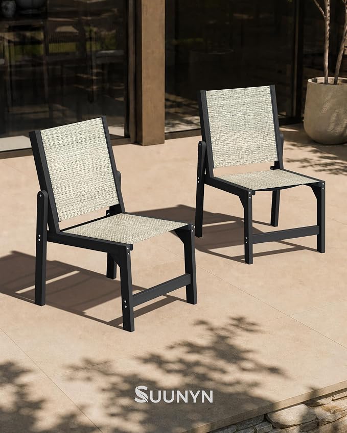 Patio Stackable Chairs Set of 2, HDPE Armless Outdoor Dining Chairs with Wide Seat, All-Weather Textilene Oversized Porch Chair for Garden, Poolside, Backyard, Deck | Black