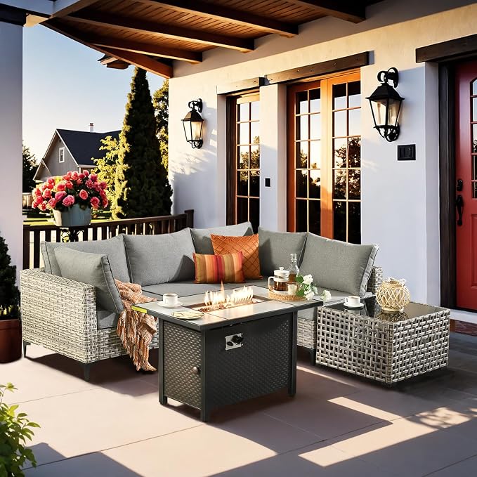 Outdoor Sectional Patio Furniture Set with Fire Pit Table and Glowing Table,6 Pieces Wicker Conversation Sets L Shaped Couch Out Door Sofa Set Outside Furniture for Garden Deck Yard,Dark Grey