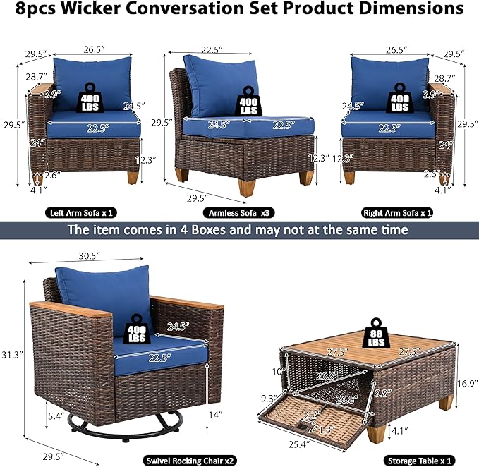 Outdoor Patio Sectional Furniture Set, 8-Piece Wicker Rattan Sofa Set with Thick Cushion, Patio Swivel Rocking Chairs Set of 2 with Acacia Storage Table, Conversation Set for Backyard (Blue+Brown/36)