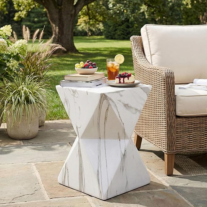 Christopher Knight Home 18.5 Inch Modern Geometric MGO Side Table Hourglass Accent End Table Faux Marble Look Indoor Outdoor Patio Living Room Bedroom