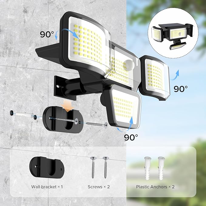 JJX Solar Outdoor Lights 3000LM 278 LED, 1 Pack 4-Head Motion Sensor Outdoor Lights, 6500K IP65 Waterproof 4 Lighting Modes Solar Security Light for Yard Garden Driveway with Remote Control