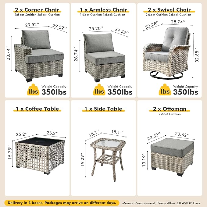 9 Pcs Outdoor Sectional Patio Furniture Set with Swivel Rocking Chair and Ottomans - All Weather Wicker Outside Sectional Couch,Patio Seating Outdoor Conversation Sets for Deck Yard Garden,Dark Grey