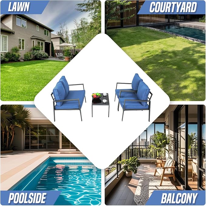 4-Piece Outdoor Patio Furniture Set, Steel Frame Patio Conversation Set with Tempered Glass Side Table for Garden Yard Poolside