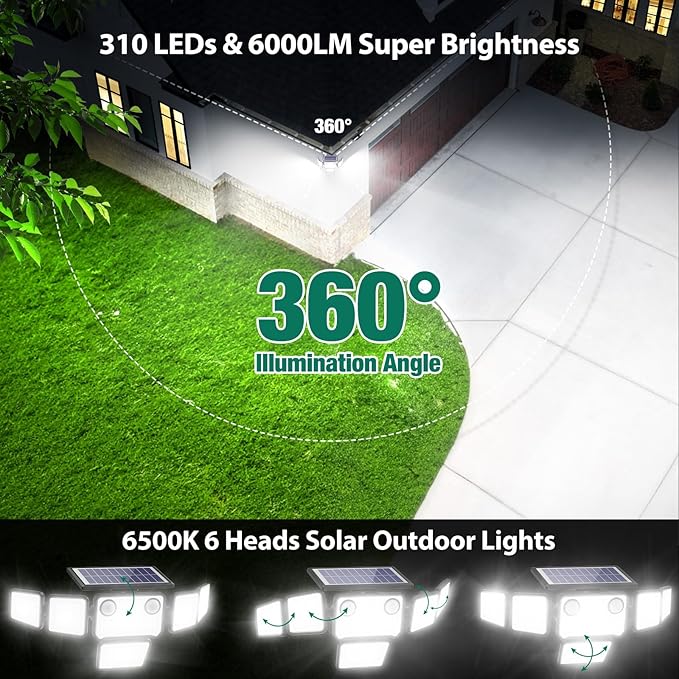 Solar Lights Outdoor, 6000LM 310 LEDs Dual Motion Sensor Solar Flood Lights 6 Heads Security Wall Lights, IP65 Waterproof, Remote Control for Garden, Outside, Backyard, 2 Pack