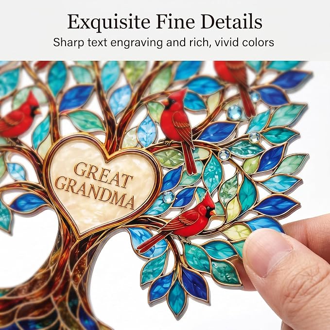 Grandma Gifts, Gifts for Grandma, Grandma Birthday Gifts, Tree of Love 4 inch Suncatcher for Great Grandma, Cardinal Bird Family Tree Window Hanging Decor with Keepsake Message Card