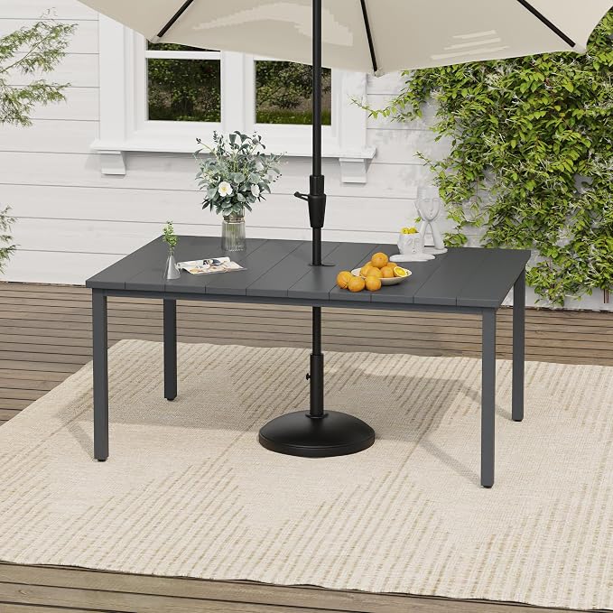 VICLLAX Outdoor Table for 6, Metal Patio Dining Table with Umbrella Hole for Garden Lawn Deck Backyard, Dark Grey Tabletop