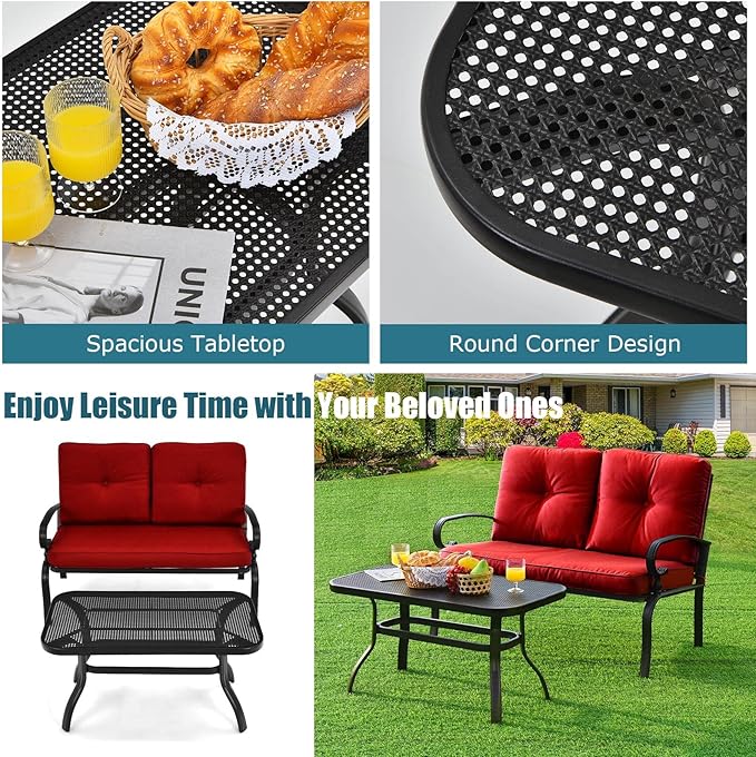 Tangkula Patio Loveseat with Table Set, 2 Seat Cushioned Sofa with Coffee Table, Patio Conversation Sofa Set with Rustproof Frame, 2 Pieces Outdoor Furniture Set for Garden, Poolside, Balcony (Red)
