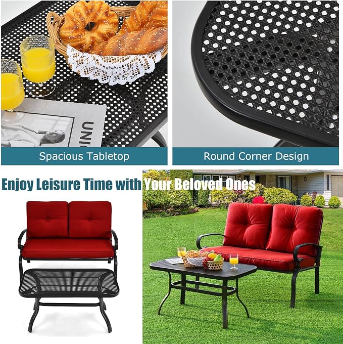 RELAX4LIFE Patio Loveseat with Coffee Table - 2-Piece Patio Conversation Sofa Set w/Backrest & Cushions, Modern Outdoor Glider Bench for Garden, Backyard, Poolside, Metal Porch Furniture (Red)