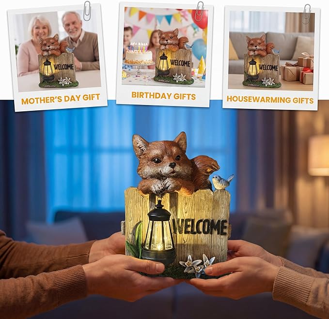 Garden Fox Welcome Sign with Solar LED Lantern, Outdoor Decorative Statue with Bird and Flowers for Porch, Patio or Garden
