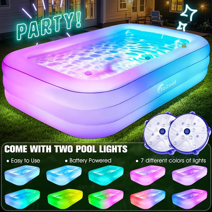 Inflatable Pool with Seat and Pool Lights, Durable Thickened Large Size Inflatable Pools for Adults Blow Up Pools,110" x 63" x 20"Swimming Inflatable PooI for Backyard,Outdoor (Cyan)