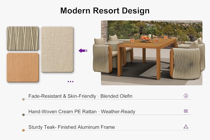 PURPLE LEAF Outdoor Dining Set for 4 with Blended Olefin Cushion Aluminum Luxury Patio Furniture Table and Chairs Set All Weather Wicker Patio Dining Sets for Backyard Garden Deck Pool, Teak