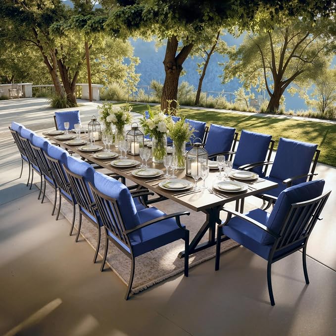 Kullavik 16 Pieces Outdoor Dining Set,Patio Dining Table and Chairs Set for 14,Fence Pattern Back Chairs with Thickened Cushions & X-Frame Metal Dining Table with Umbrella Hole for Patio,Navy Blue