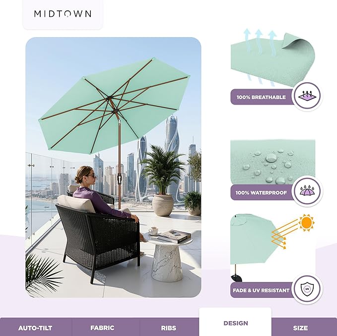 Midtown Umbrellas Wooden 2-8 Ft Patio Umbrella with 360° Swivel & Tilt Mechanism, 8 Fiberglass Ribs & Sunbrella Fabric - Outdoor Umbrella for Deck, Pool & Garden - Burgundy Canopy, Wooden Pole