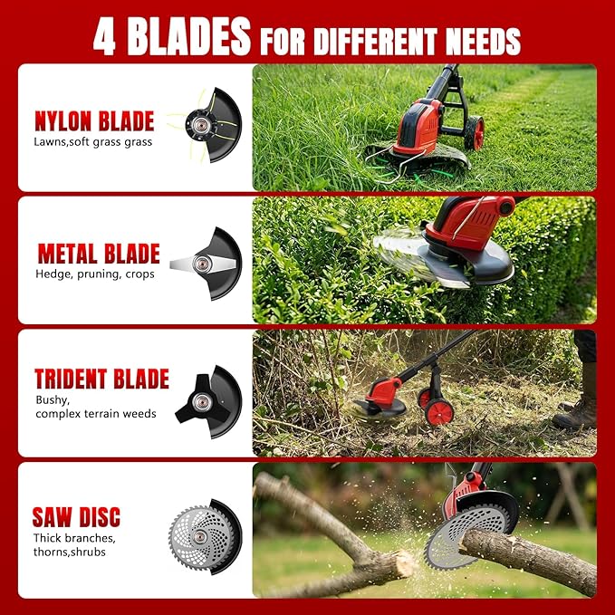 6000mAh Electric Weed Eater Battery Powered,12″ Brushless Electric Weed Wacker Cordless Wheeled String Trimmer,4 in 1 Grass Trimmer/Brush Cutter/Grass Edger/Weed Trimmer 5 Blade, 2 Battery (Red)