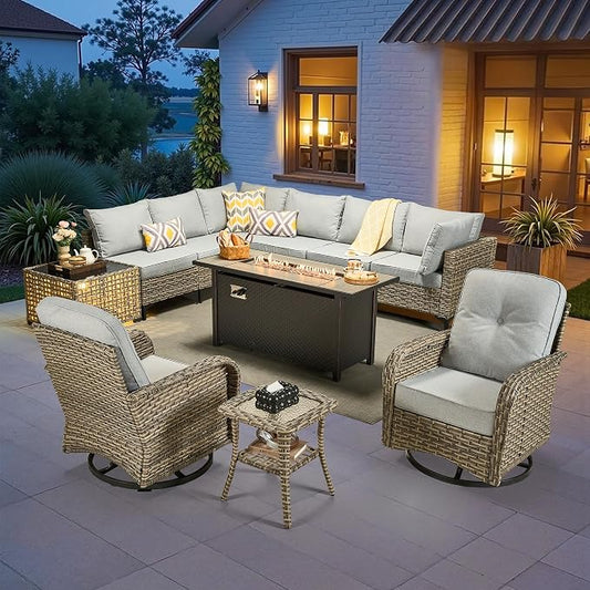 CAODOC 11-Piece Outdoor Sectional Sofa Set w/ 54" Fire Pit – L-Shaped Wicker Patio Furniture, Deep Seating & Swivel Rockers,Gray