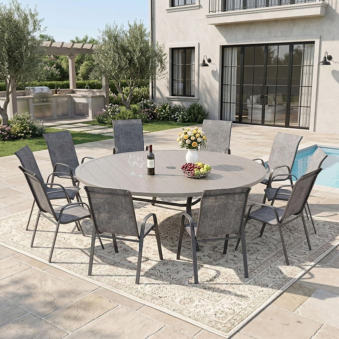 DIFY 11 Piece Outdoor Dining Set, 63" Grey Wood-Like Round Metal Patio Table and Grey Textilene Stackable Chairs for 10, All Weather Patio Furniture Set with Umbrella Hole for Backyard Garden Deck