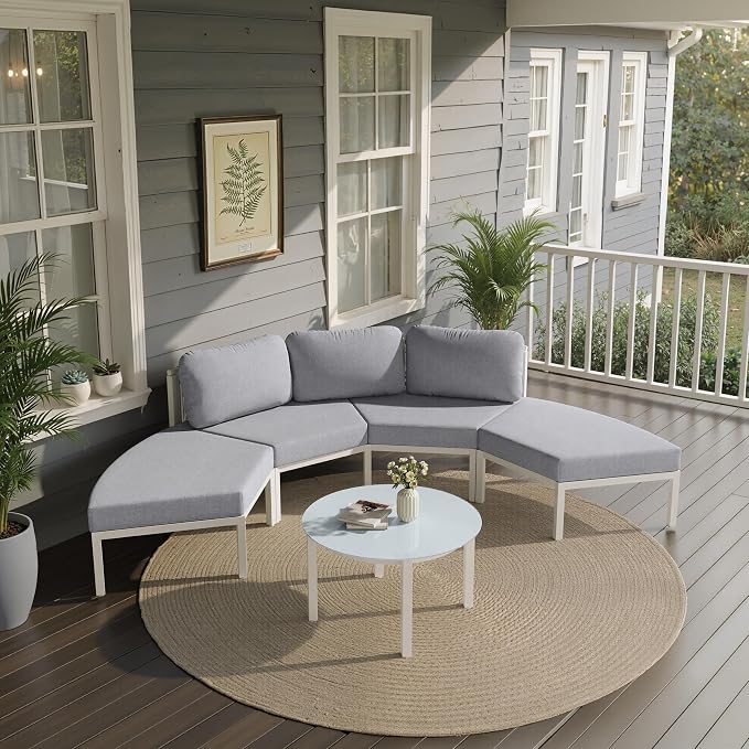 Crestlive Curved Patio Furniture Set, Modular Half Moon 4-Seater Sofa with Round Coffee Table, Aluminum Outdoor Sectional with 4.3" Cushions, All-Weather Couch for Backyard, Deck, Porch, Poolside