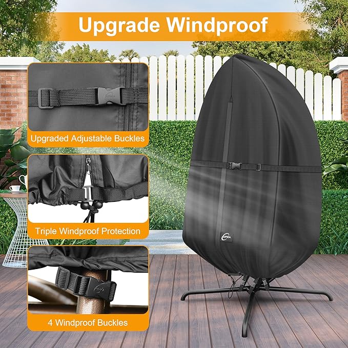 Kipiea Patio Egg Chair Covers Waterproof, Upgraded 500D Outdoor Hanging Egg Chair Covers with Waterproof Zipper, Single Seat Swing Chair Cover, Windproof, Anti-UV, No Tears ( Up to 45" W x 75"H )