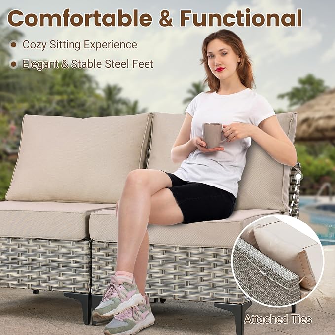 Outdoor Sectional Patio Furniture Set with Fire Pit Table,11 Pieces Rattan Wicker Conversation Sets L Shaped Couch,Out Door Furniture with Swivel Chairs Glowing Coffee Table,Beige