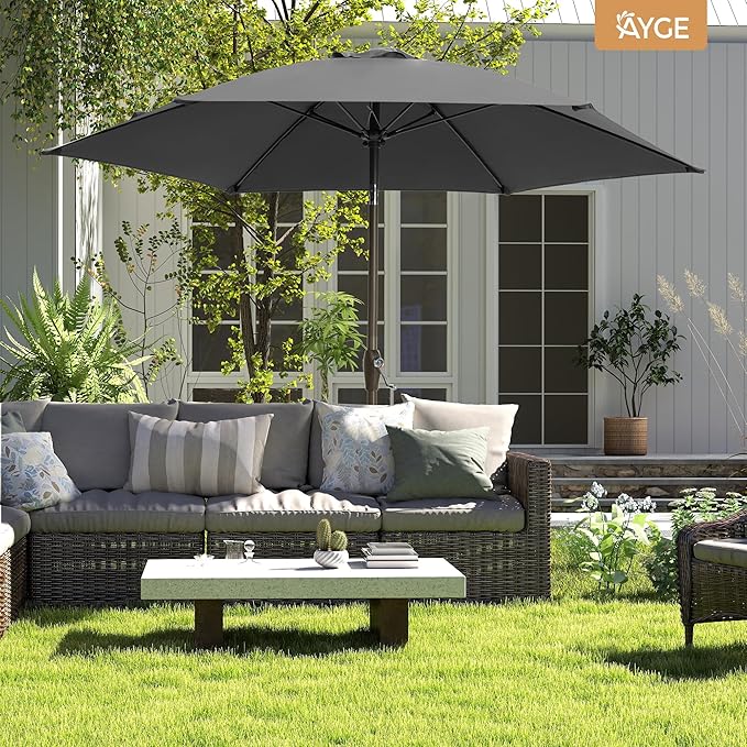 Ayge 7.5FT Large Outdoor Patio Umbrella Market Table Umbrella-UV Resistant, Easy Push Button Tilt and Crank, 6 Sturdy Fiberglass Ribs Heavy-Duty Pool Umbrella for Deck, Backyard,Garden, Yard,Grey