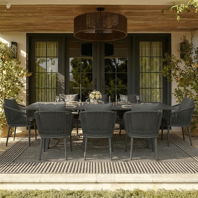 11-Piece Patio Dining Table Sets, Woven Wicker Dining Set with Rectangular Aluminum Table and Dining Chairs Modern Outdoor Dining Furniture Set for Outdoors and Indoors