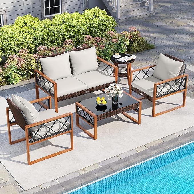 Tangkula 5 Pieces Wicker Patio Conversation Furniture Set, Outdoor Glass Coffee Tables with Acacia Wood Frame and Cushioned Armchairs for Deck, Garden and Backyard