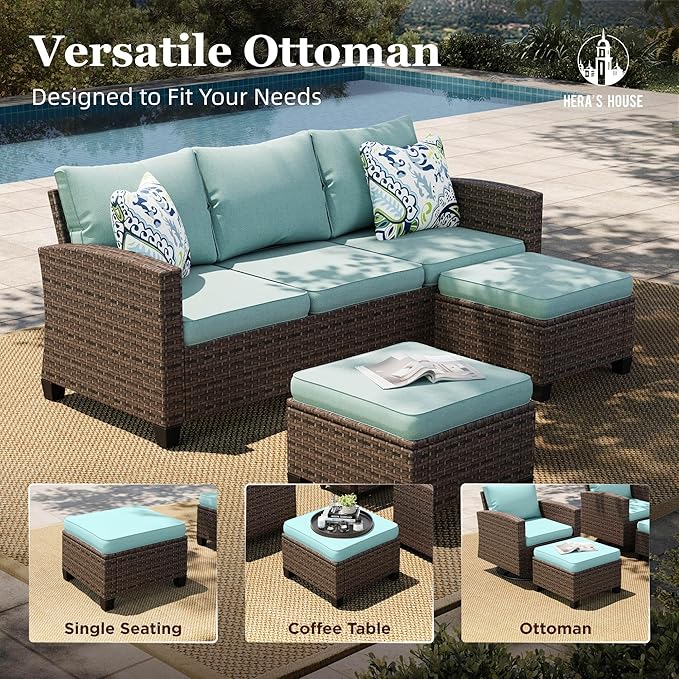 HERA'S HOUSE Wicker Patio Furniture Set, Outdoor Sectional Conversation Sets, 6 Pieces 9 Seats Waterproof Deck Backyard Lawn Furniture, Blue