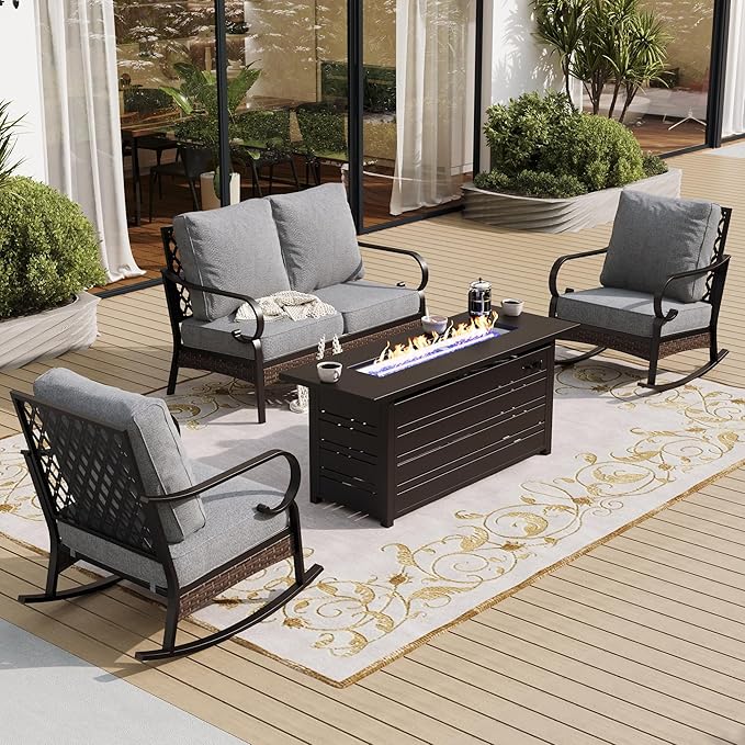 4 Piece Metal Outdoor Patio Furniture Sets with Firepit Table, Patio Conversation Sets 1 2-Seater Sofa, 2 Rocking Sofa with 5.75" Cushion Black Backyard Furniture for Deck, Gray