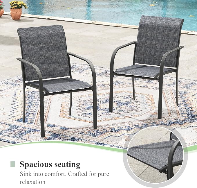 Patio Table and Chairs Set for 6, Outdoor Dining Set with 6 Stackable Dining Chairs and 63"x 37.8" Metal Steel Rectangle Dining Table for Backyard, Deck, Lawn, Garden, Grey & Black