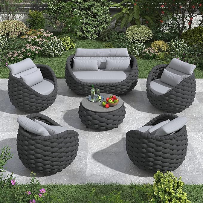 6-Piece Alumunim Outdoor Seating Set: All-Weather Patio Accent Furniture Sofa Set, Hand Woven Rope, No Assembly, Modern Garden Lounge Conversation Set for Backyard Deck Porch Poolside Hotel