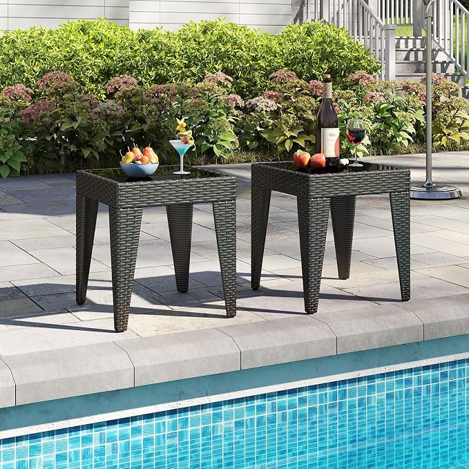 Kinfant Rattan Patio Side Table - Set of 2 Modern Wicker End Table, PE Coffee Table with Glass Top, Weather-Resistant Patio Furniture for Patio, Balcony, Garden, and Poolside (2, Rattan Black)