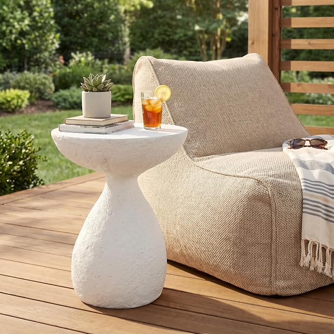 Outdoor Side Table, Modern Organic MGO Accent End Table for Patio, Living Room, White Textured Stone-Look