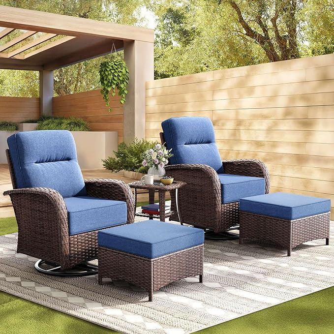 5-Piece Patio Furniture Set with 6-Inch Thick Cushions, High Back Outdoor Swivel Rocker Chairs and Table, All-Weather Conversation Set for Porch, Deck, Balcony, Yard in Blue