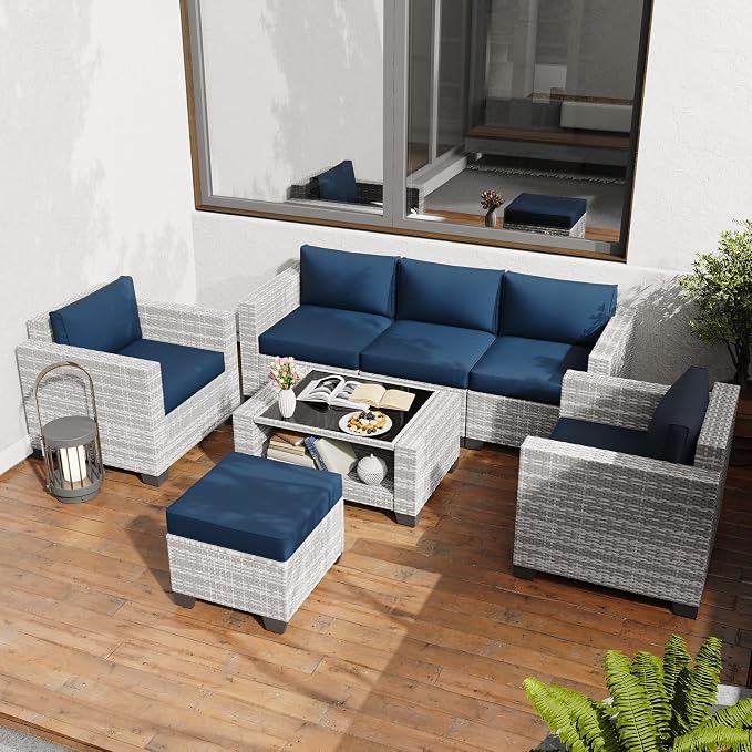 KIGOTY Patio Furniture Set 7 PCS Patio Conversation Sets, All-Weather PE Rattan Outdoor Sectional Sofa with Cushion and 2- Tier Glass Coffee Table（Grey White/Dark Blue）