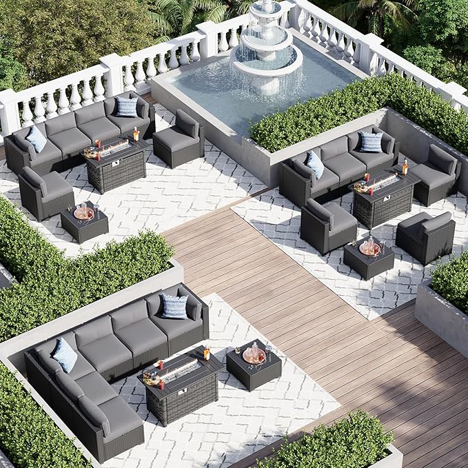 Aoxun 8 Piece Patio Furniture Set with 44” Fire Pit Table Wicker Rattan Patio Sectional Sofa Set Outdoor Seating Furniture with Thickened Cushion, Grey
