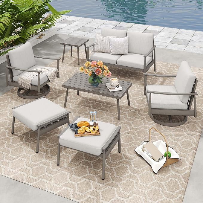 HAPPATIO Patio Outdoor Furniture Set - 7 Pieces Aluminum Outdoor Conversation Set Includes 1 Loveseat, 1 Side Table, 1 Coffee Table, 2 Swivel Chairs, and 2 Ottomans for Porch, Yard, Lawn (Grey)