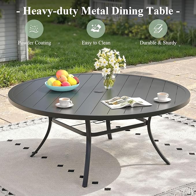 Outdoor Dining Set for 8, 63" Metal Round Outdoor Dining Table with Umbrella Hole and Sling Patio Swivel Chairs, 9 Pieces Patio Table and Chairs Set for Garden Backyard, Dark Blue and Black