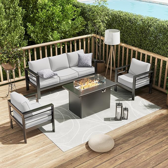 Amopatio Patio Furniture with Fire Pit, 6 Pcs Aluminum Outdoor Sectional Metal Patio Sofa Sets with Aluminum Fire Pit Table for Backyard(Included Waterproof Covers)
