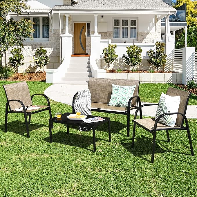 Tangkula 4 Pieces Patio Furniture Set, Metal Frame Heavy Duty Outdoor Conversation Set, Includes Glass Top Coffee Table, 2 Armrest Chairs and Loveseat, Suitable for Lawn Garden Porch Balcony (Brown)