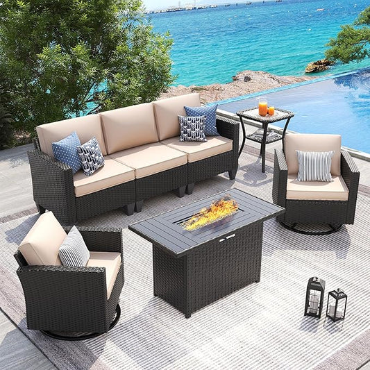 UDPATIO Patio Furniture Set with Fire Pit Table, Rocking Swivel Chairs, 5 Pieces Outdoor Furniture Sets, All-Weather Wicker Outdoor Sectional Sofa with Waterproof Cover, 4'' Thickened Cushion, Khak