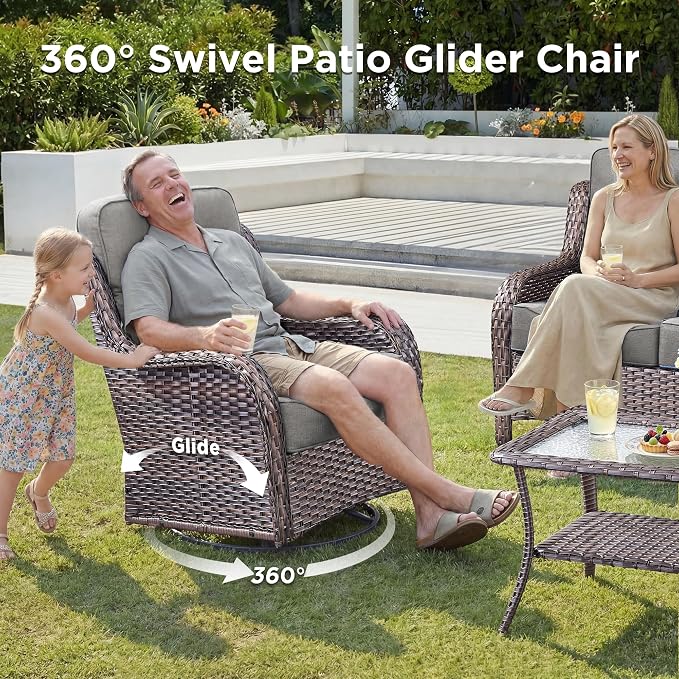 Luxury Outdoor Patio Furniture Set-High Back Outdoor Swivel Chairs Set of 2 with 6" Thick Cushions Wide Armrest All Weather Patio Conversation Sets for Deck Porch Balcony(Brown/Grey)