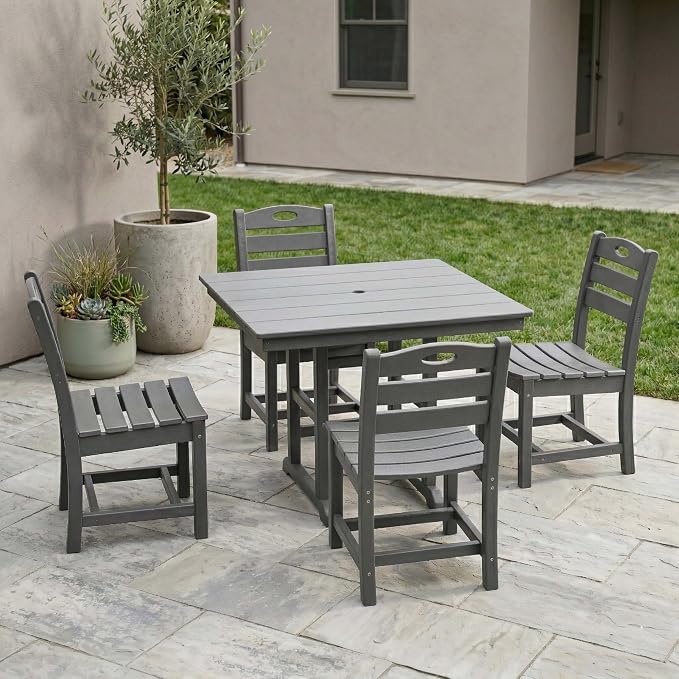 WILLIAMSPACE 37.8" Outdoor Patio Dining Set with 4 Armless Chairs, All Weather HDPE Square Dining Table with Umbrella Hole, Patio 5-Piece Bistro Set for Backyard, Balcony, Lawn, Kitchen (Grey)