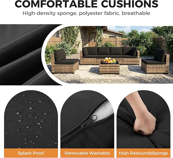 7 Piece Outdoor Wicker Patio Furniture Set, Rattan Sectional Sofa Conversation Set with Coffee Table & Cushions, for Poolside Backyard Garden Porch, Brown Wicker/Black Cushion