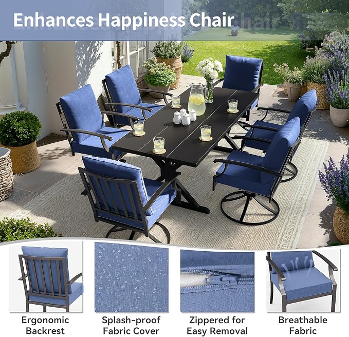 Kullavik 7 Pieces Outdoor Dining Set,Patio Dining Table and Chairs Set for 6,Fence Pattern Back Swivel Chairs with Thickened Cushions & X-Frame Metal Dining Table with Umbrella Hole for Patio,NavyBlue