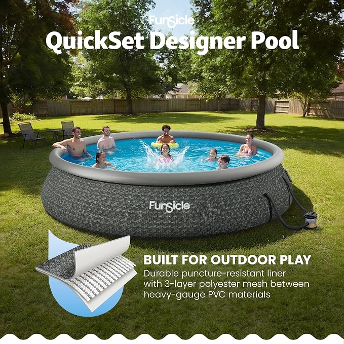 Funsicle Quickset Designer 15' x 36" Round Above Ground Swimming Pool, with FiltraBoost 800 GPH Filter Pump, Type D Filter Cartridge & Repair Patch, Dark Herringbone