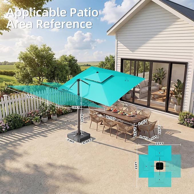 10' X 13' Patio Umbrella with Weighted Base and LED Lights Outdoor Cantilever Large Rectangle Offset Umbrellas Heavy Duty Aluminum Double Top with 360-degree Rotation for Pool Garden Deck, Turquoise