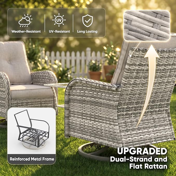 8-Piece Small Patio Furniture Set, Outdoor Swivel Rocking Chairs Set with Ottomans, Patio Bistro Set for Balcony, Deck, Porch, Khaki