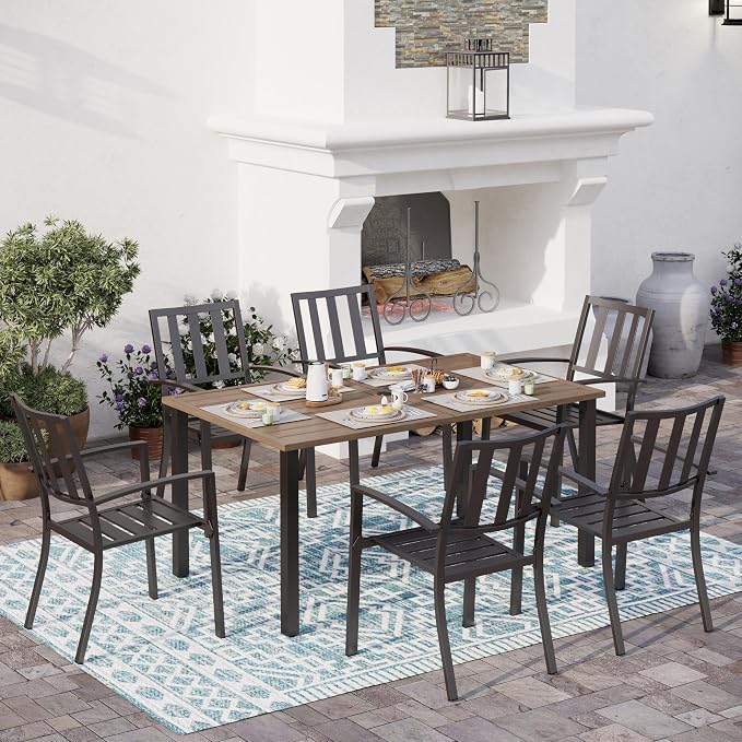 SUNSHINE VALLEY Patio Dining Set,Wood-Like Metal Table w/Umbrella Hole | 60x36 Table&6 Pcs Rust-Proof Stackable Chairs, Outdoor Table and Chairs Set for Backyard Garden Deck